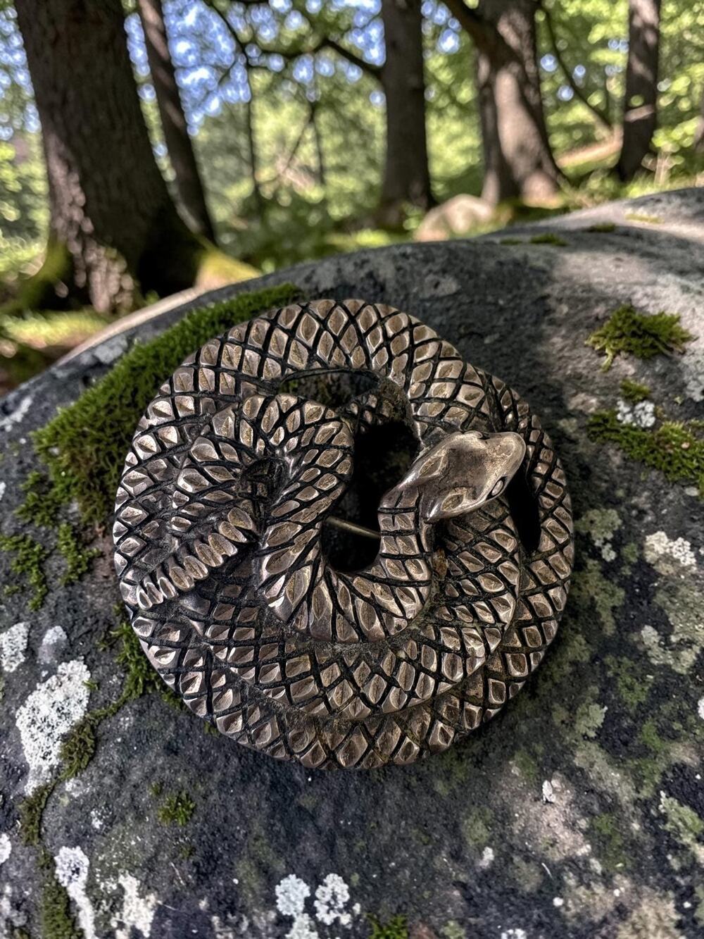 Vintage Sterling silver coiled snake brooch textured scale relief motif